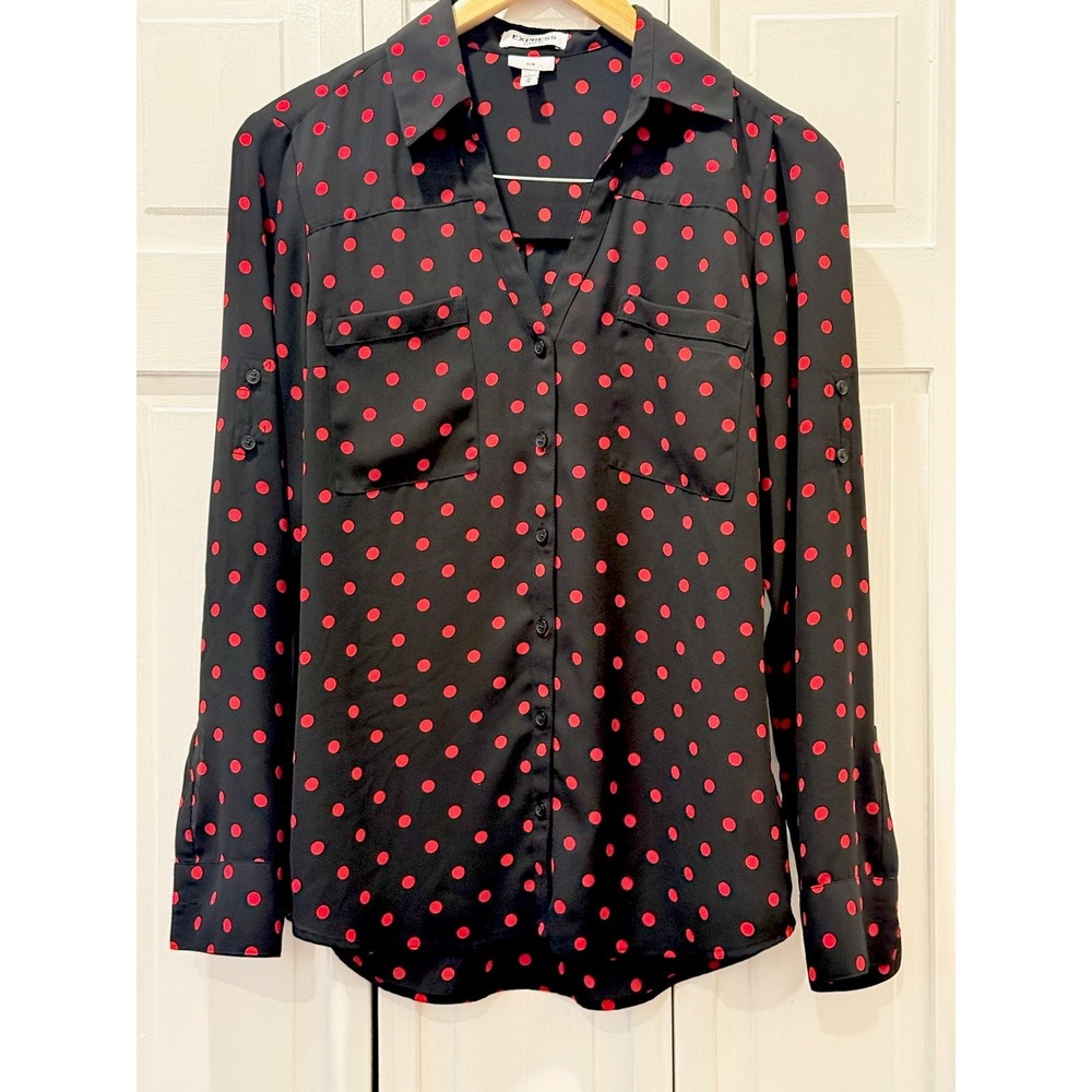 Express Portofino Sheer Black/Red Polka Dots Wmn Slim M Preppy Rockabilly Edge